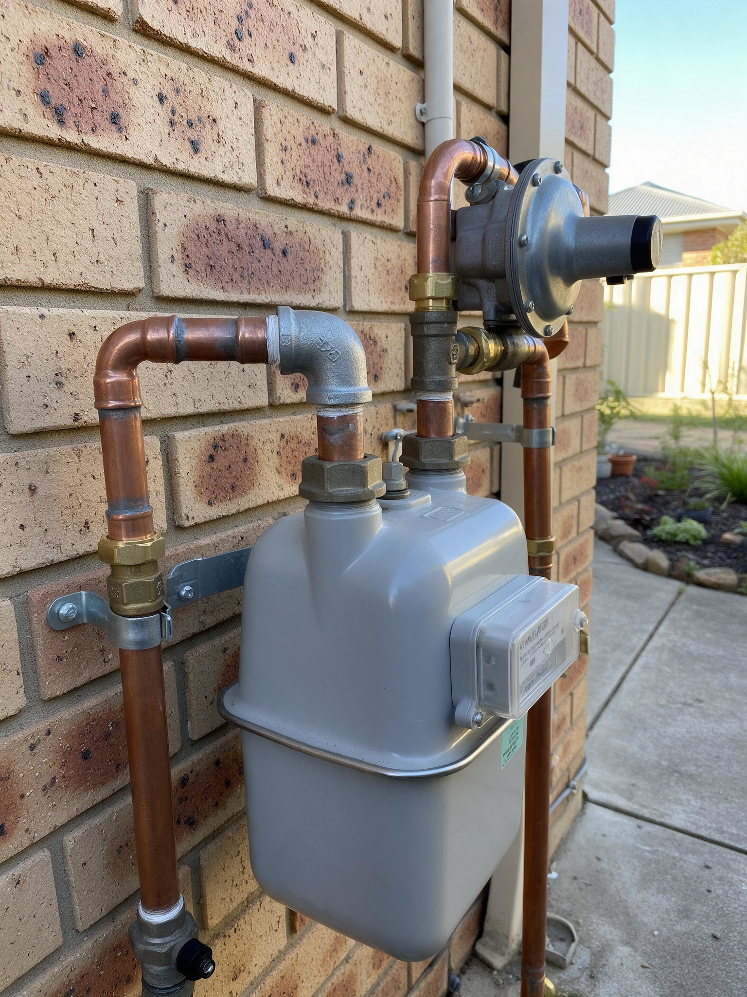 Residential gas meter and gas line connection beside a house wall
