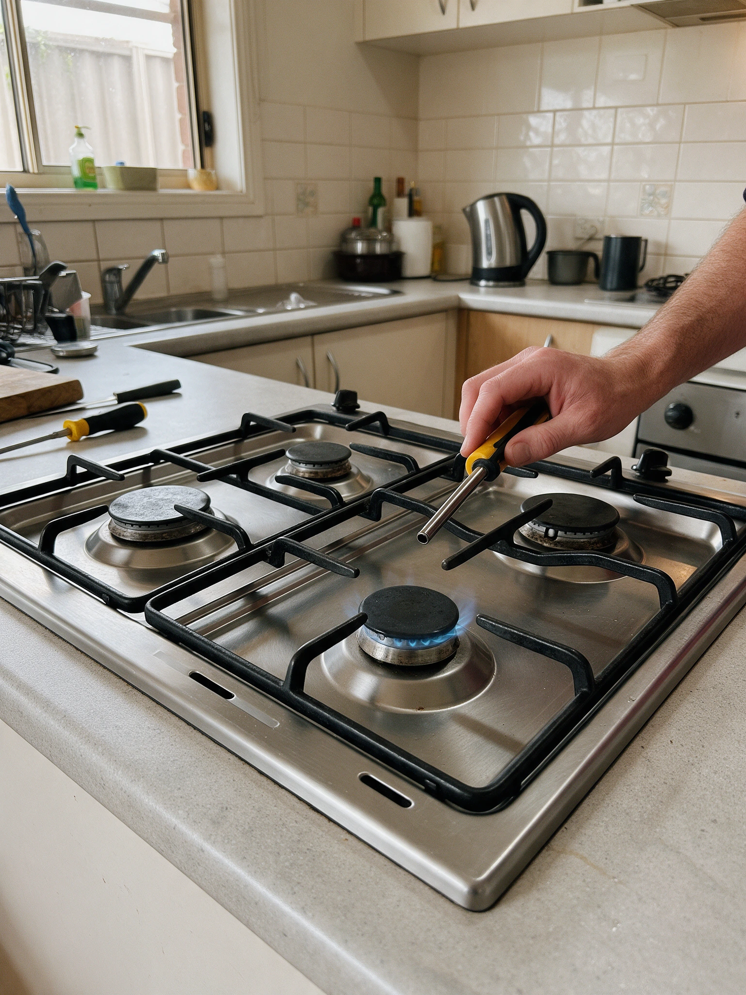 Gas cooktop installed in a kitchen benchtop