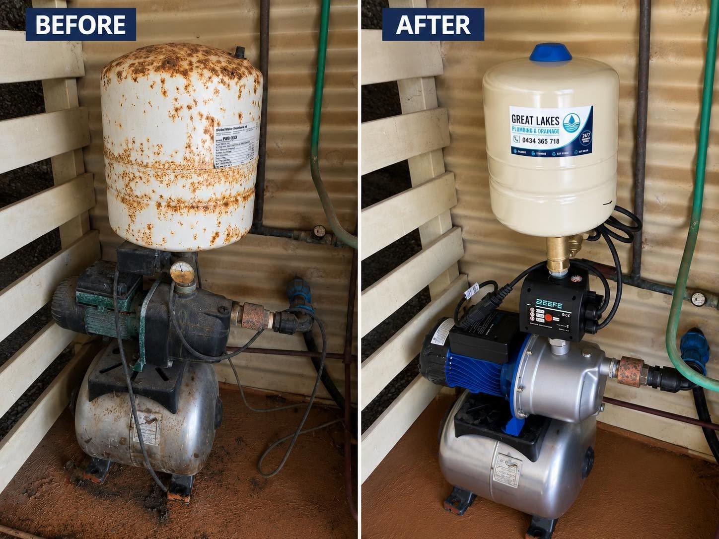 Before and after water pump and pressure tank replacement by our plumber in Taree