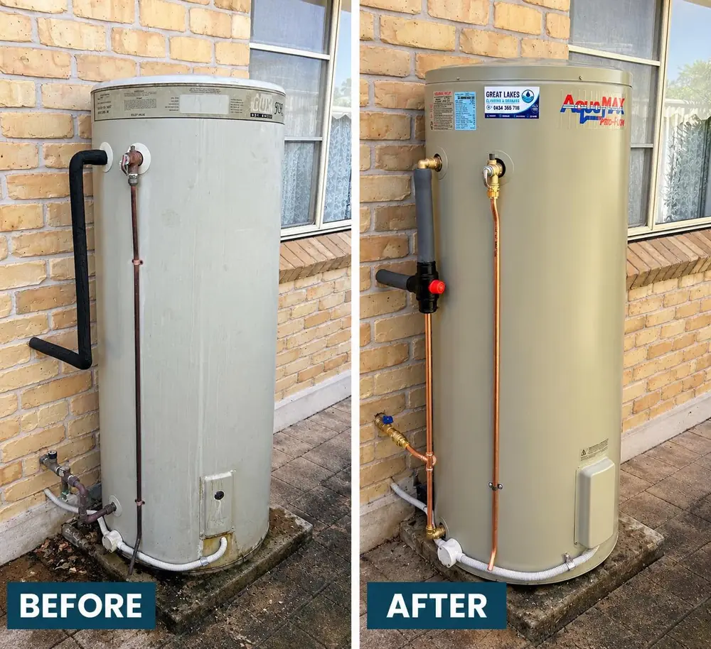 Before and after hot water system replacement by Great Lakes Plumbing & Drainage