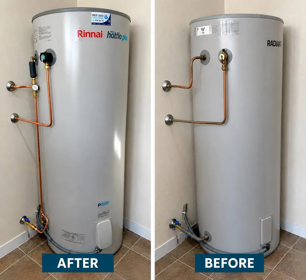 Before and after hot water system installation showing replacement storage units